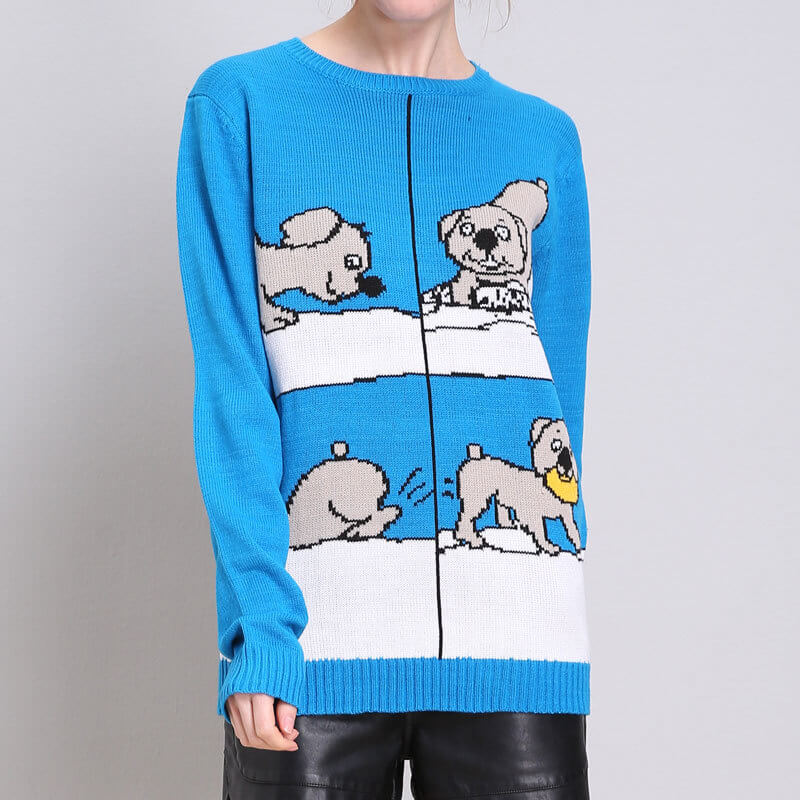 Christmas Blue Cartoon Print Sweater