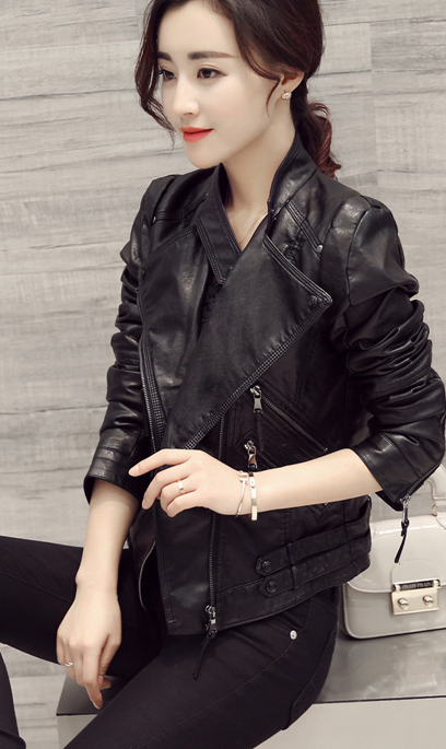 Black Oblique Zipper Slim Stand Collar Crop Jacket - May Your Fashion - 1