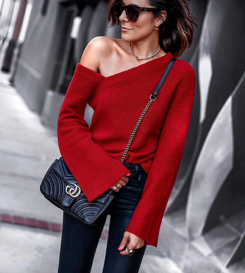 Bare Shoulder Bell Sleeves One Shoulder Women Loose Sweater