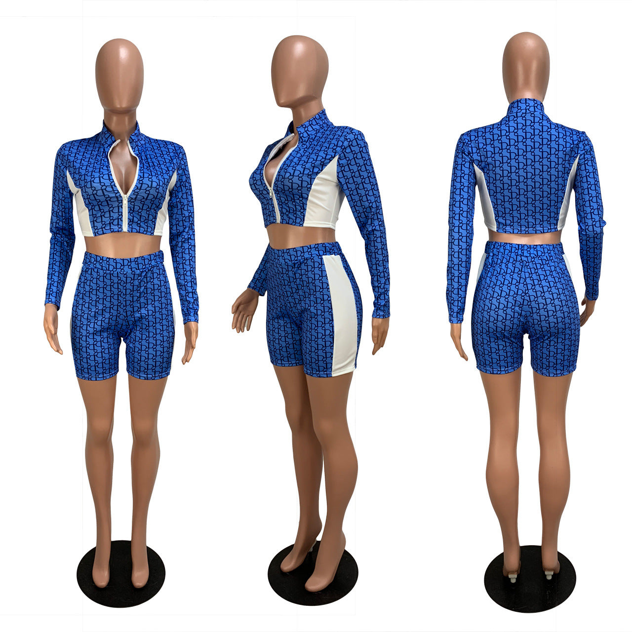 Print Zipper Crop Top with High Waist Shorts Women Two Pieces Set