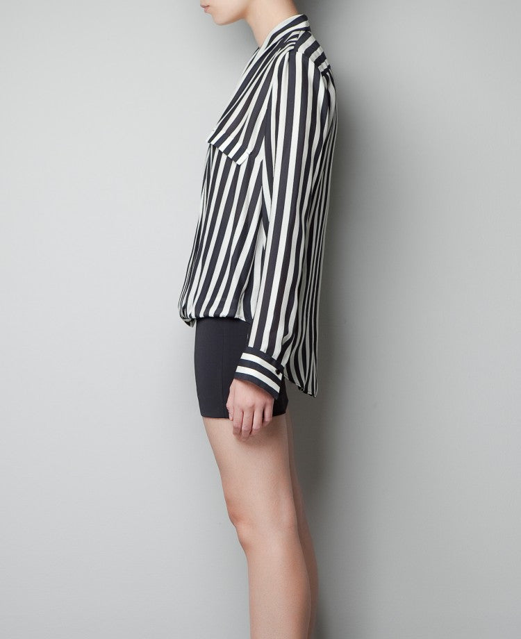 Striped Deep V-neck Long Sleeves Slim Chiffon Blouse - May Your Fashion - 4