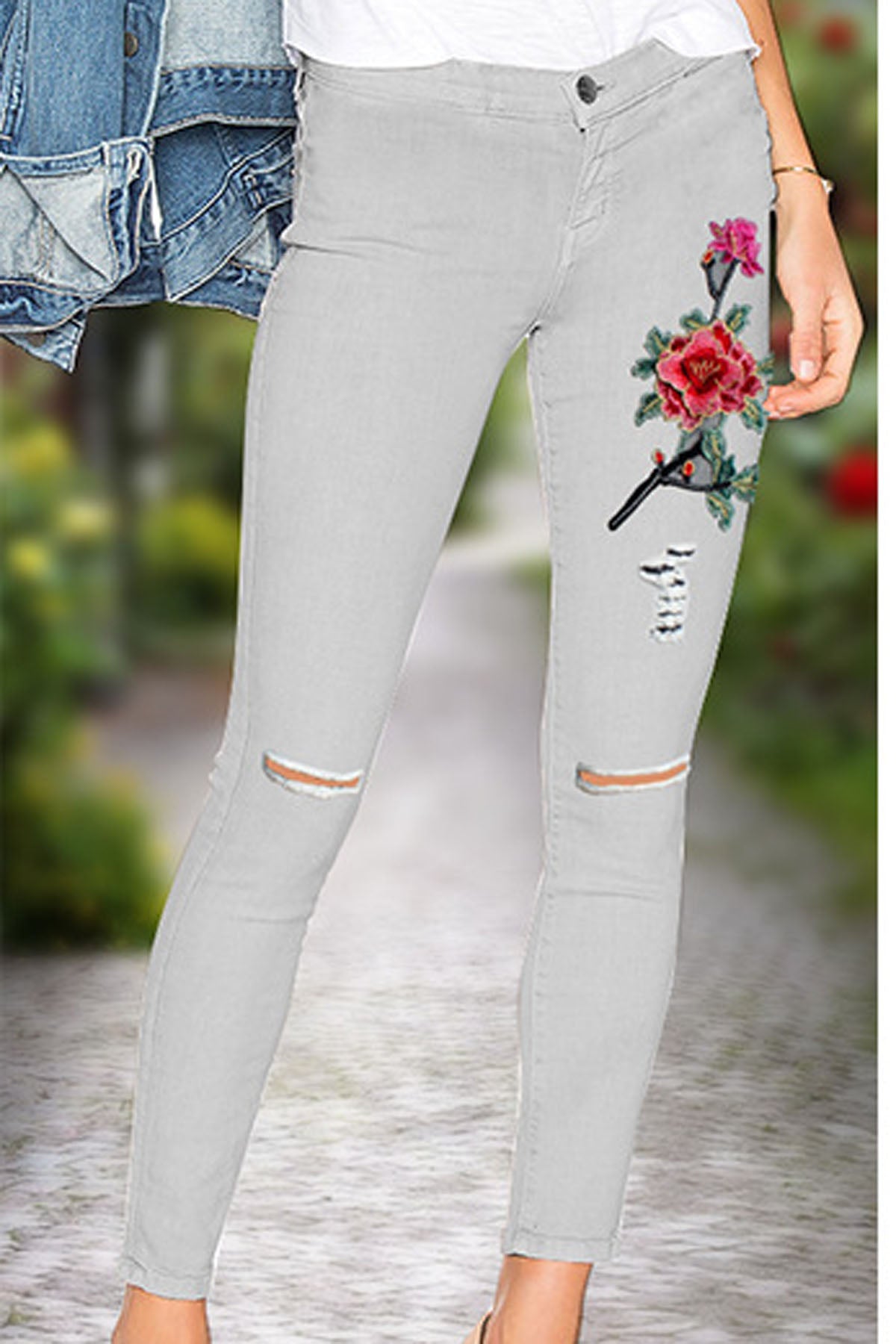 Flower Embroidery Denim Cut Out Long Pencil Jeans Pants