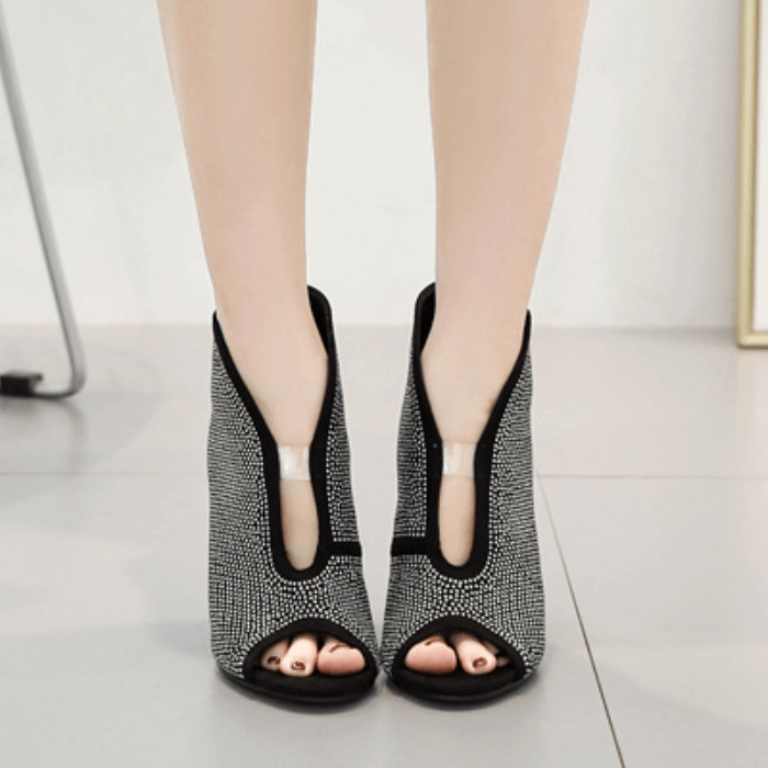Rhinestone High Heel Peep Toe Zipper Sandals