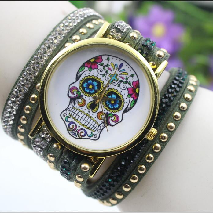 Beautiful Flower Skull Lint Bracelet Watch