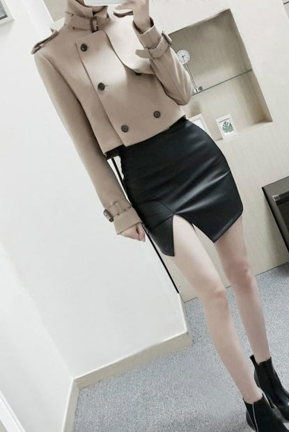 Stand Collar Double Breasted Hasp Slim Long Two Pieces Coat