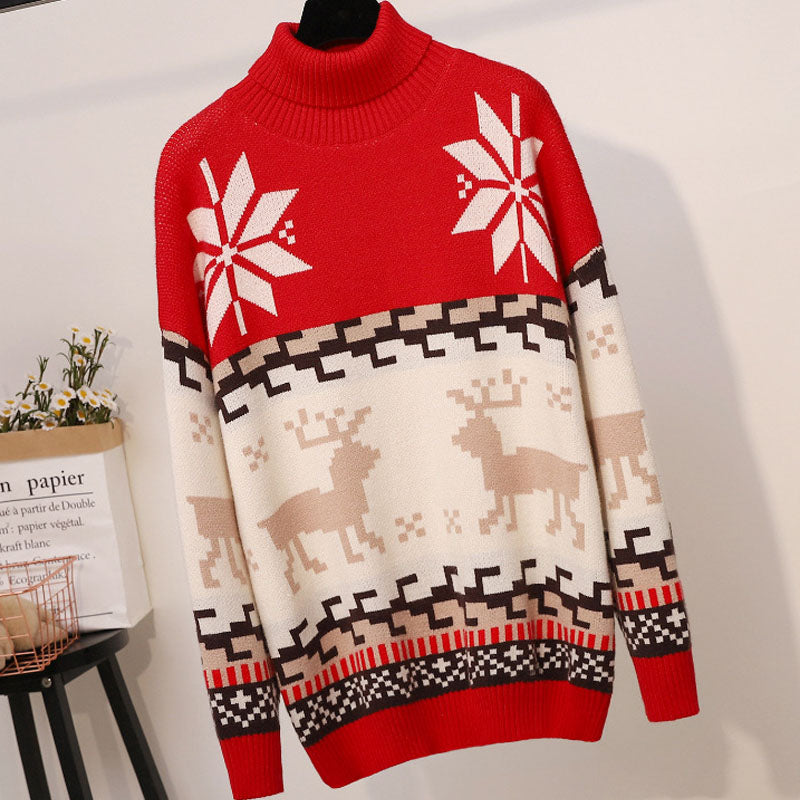 Turtleneck Colorblock Pattern Knitting Christmas Sweater