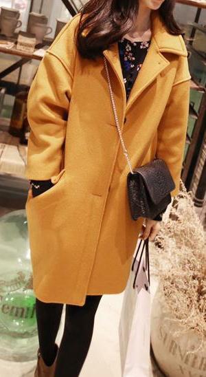 Long Sleeves Lapel Slim Long Woolen Coat - Meet Yours Fashion - 1