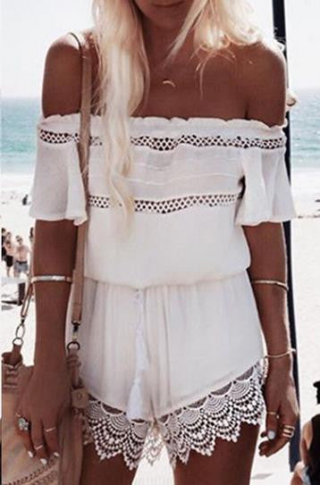 Off-shoulder Lace Patchwork Hollow Out Jumpsuit - May Your Fashion - 1