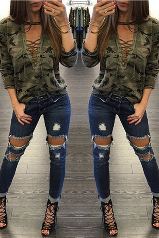 Camouflage Print Straps Cross Hollow Out Sweatshirt