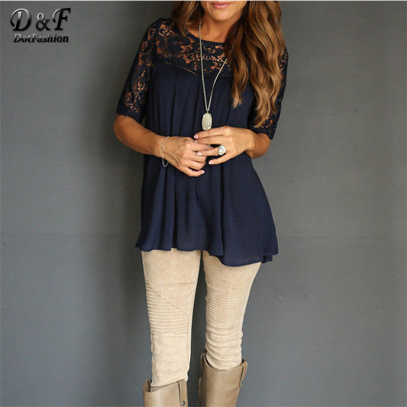 Pure Color Lace Patchwork Half Sleeves Loose Blouse