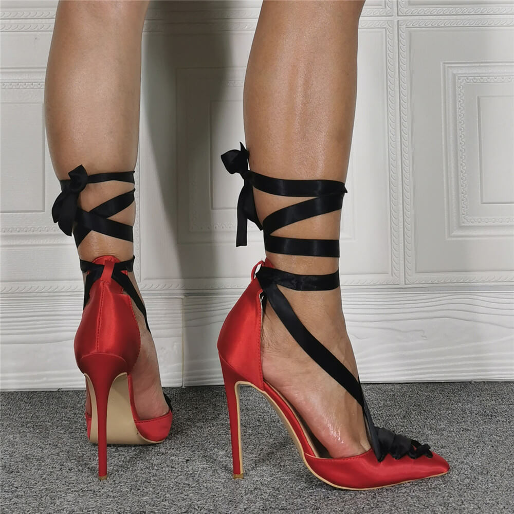 Red Ankle Strap Point Toe High Heels