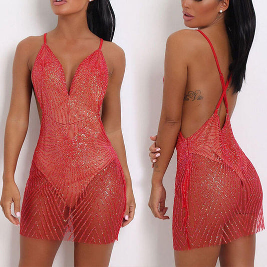 Sequins Mesh Backless Bodycon Dress