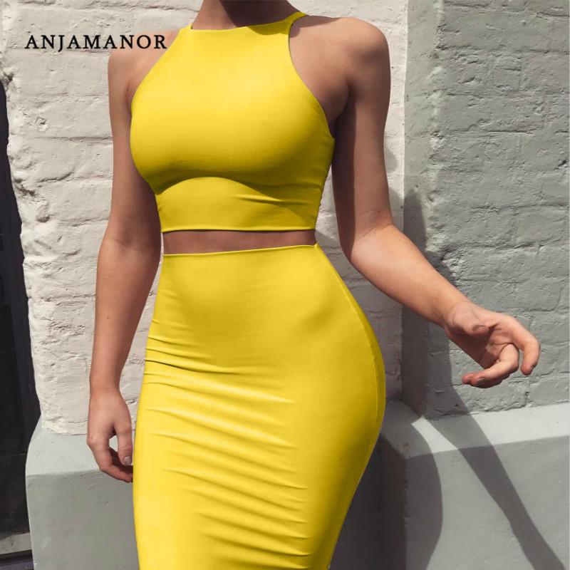 Crop Top and Skirt Two Pieces Dress Set Yellow Club Summer Outfit Sexy Clothes for Women Matching Sets