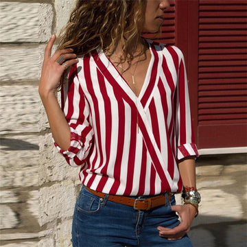 Women Striped Blouse Shirt Long Sleeve V-neck Shirts Casual Tops Blouse