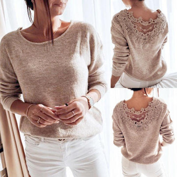 Autumn Womens Clothes Sexy Elegant Lace Stitching Backless Pullover Woman Sweater Long Sleeve Jumper Top Knitted Sweater
