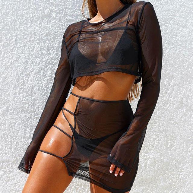 Sexy Sheer Mesh Club 2 Two Pieces Sets Women Summer Outfits See Through Long Sleeve Crop Tops+Bodycon Party Mini Skirt