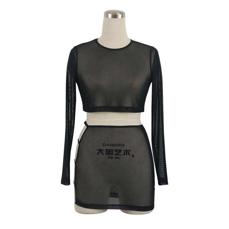 Sexy Sheer Mesh Club 2 Two Pieces Sets Women Summer Outfits See Through Long Sleeve Crop Tops+Bodycon Party Mini Skirt