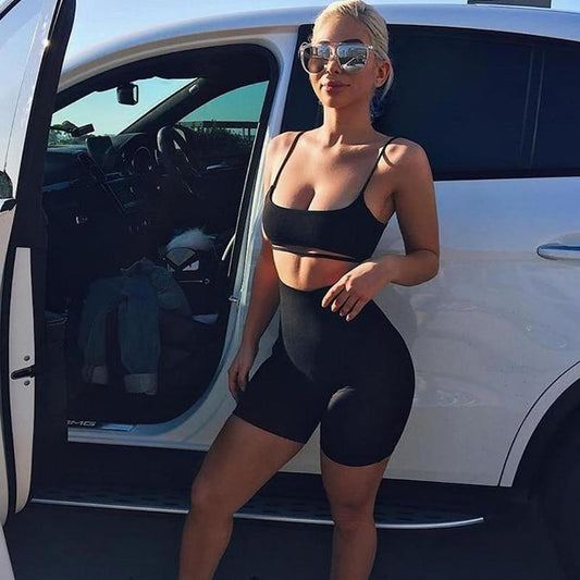 Sexy Short Two Piece Set Crop Tops and Biker Shorts Grey Black Bodycon Matching Sets Summer Clothes