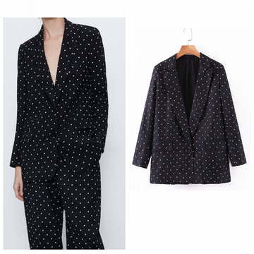 Casual Women Vintage Dots Print  Black Blazer Female Long Sleeve Elegant Jacket Ladies Casual Blazer