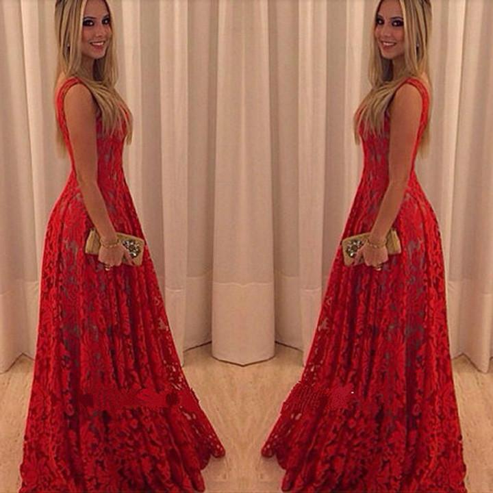 Lace V-neck Prom Long Tank Dress - Meet Yours Fashion - 1