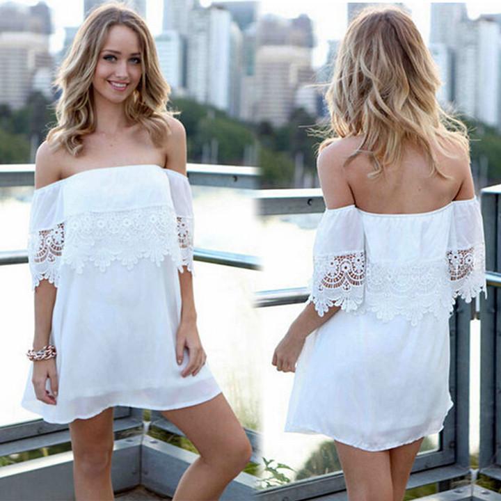 Summer Off-Shoulder Short Sleeve Mini Beach Dress - Meet Yours Fashion - 1