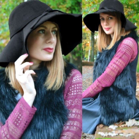 New Fashion Retro Style Lady Women Wide Brim Wool Felt Bowler Fedora Hat Floppy Cloche Black