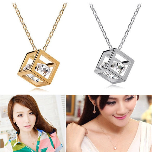 Fashion Women Romantic Rhinestone Crystal Cube-Shaped Pendant Necklace Chain Necklace