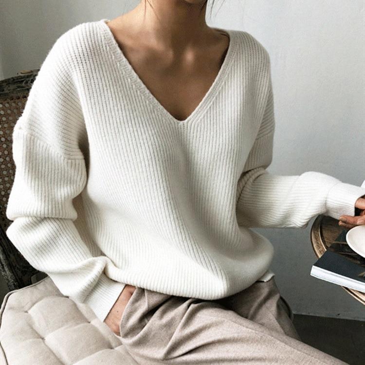 Autumn Winter Women's Sweaters V-Neck Minimalist Tops Fashionable Irregular Hem Knitting