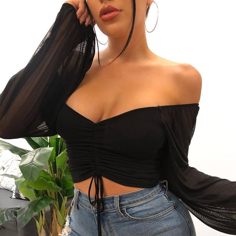 Drawstring Ruched Sexy Blouse Women Puff Sleeve Off Shoulder Sheer Female Tops and Blouses Shirts Short Streetwear