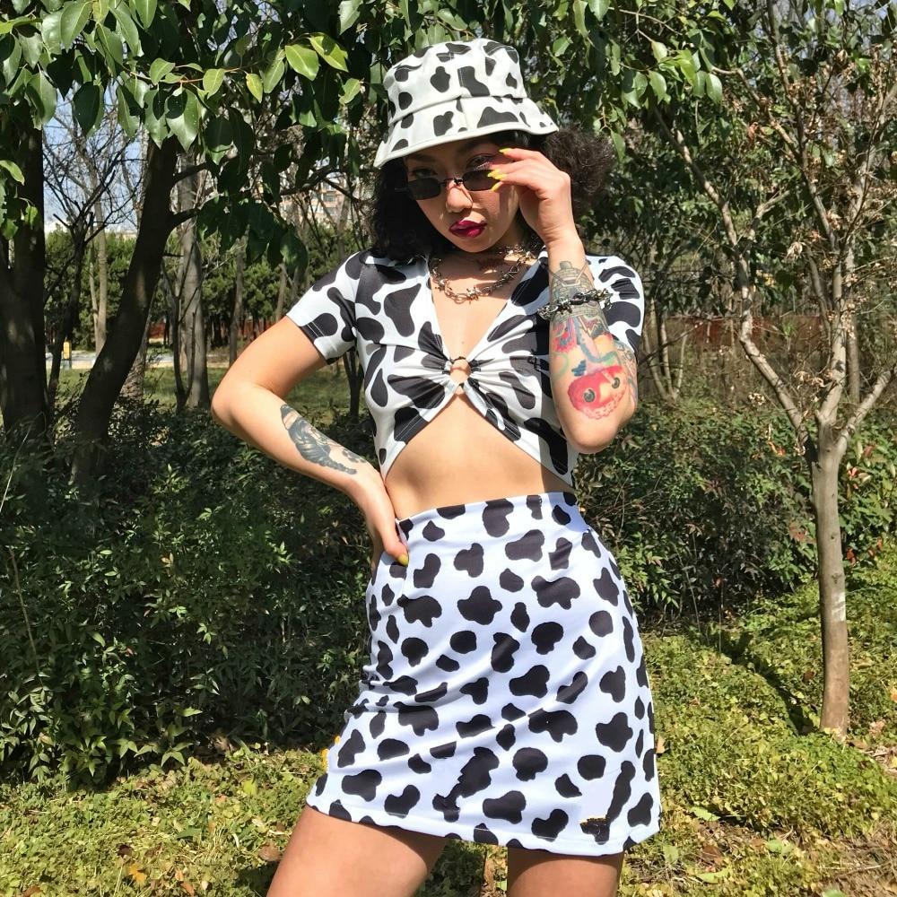 Dairy Cow Print Sexy Two Piece Set 2 Piece Set Women Two Piece Outfits Crop Top And Skirt Set Streetwear Bodycon Matching Sets
