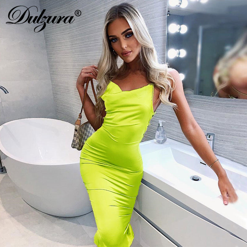 Neon Satin Lace Up Summer Women Bodycon Long Midi Dress Sleeveless Backless Elegant Party Outfits Sexy Club Clothes