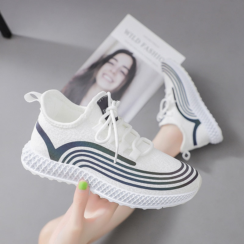 Lace Up Stripes Stretch Fabric Sneakers