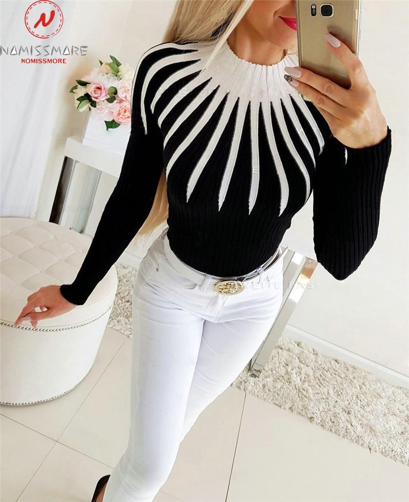 Elegant Women Autumn Winter Sweaters Color Matching Patchwork Design High Collar Long Sleeve Print Slim Pullovers Knitted Top