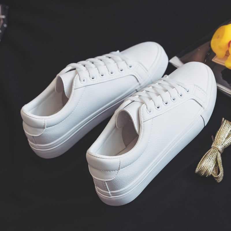 White Lace Up Platform Leather Flat Sneakers