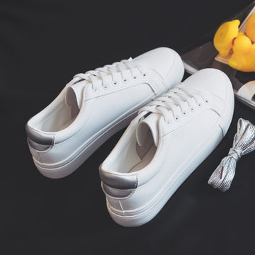 White Lace Up Platform Leather Flat Sneakers