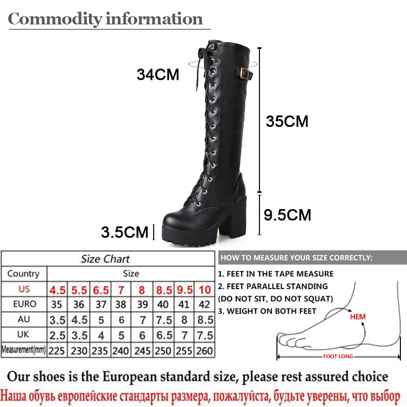 Fashion Leather Strap Chunky Heel Knee High Boots