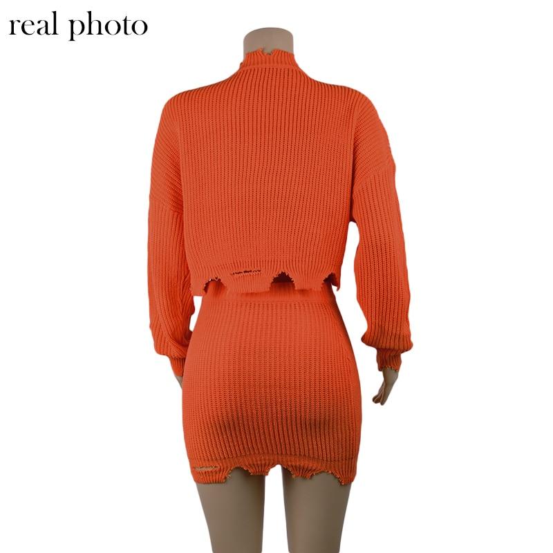 Knitted Autumn Fashion 2 Piece Outfits Women Long Sleeve Casual Matching Sets Solid Cropped Sweater And Skirt Set
