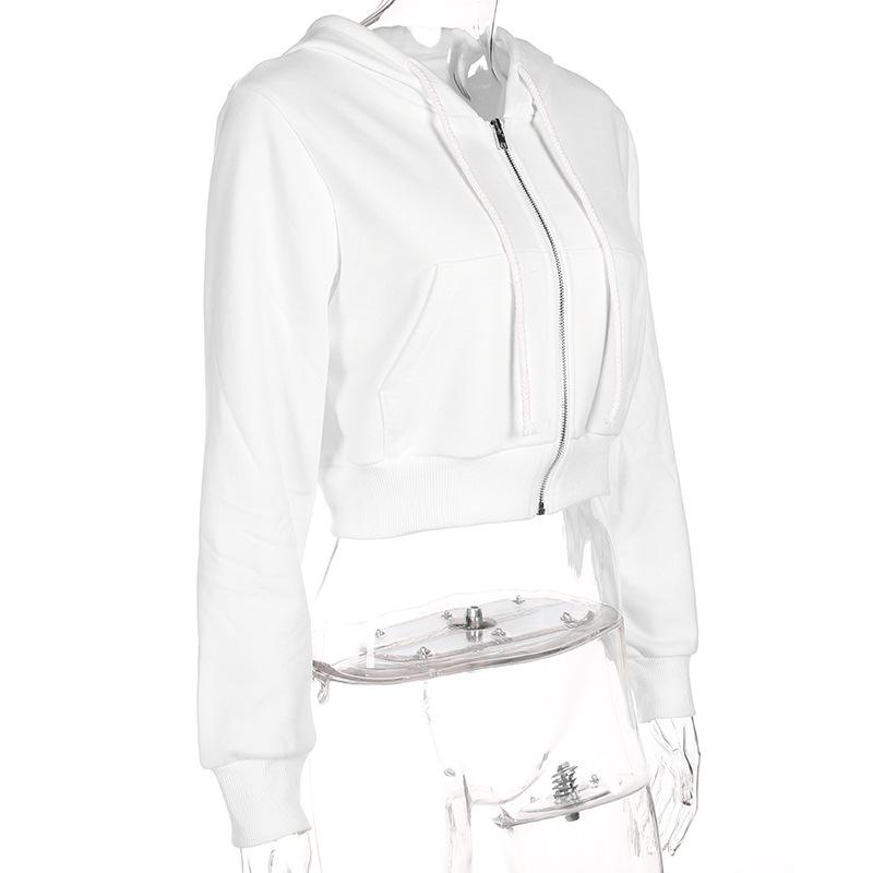 Zip-Up Autumn Winter Women Hoodies Pockets Slim Crop Jacket Female Clothes Drawstring White Sexy Hoody Cotton Coats