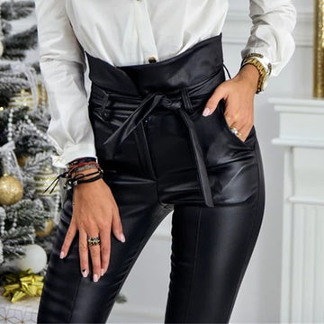 Sexy Leather High Sknny Bodycon Sashes Pants
