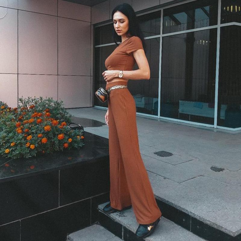 Two Piece Set Women Ribbed O Neck Crop Top and Long Pants Set Sexy Autumn Short Sleeve Tracksuit