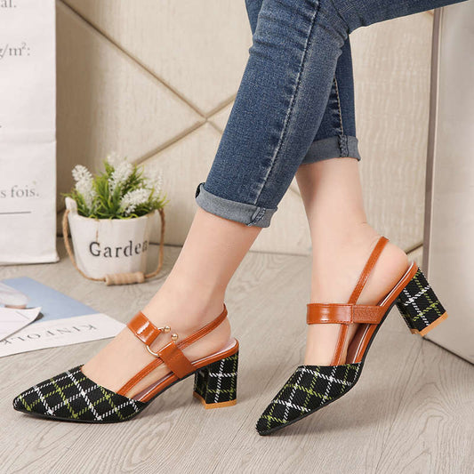 Plaid Pointed Toe Chunky Heel High Heels