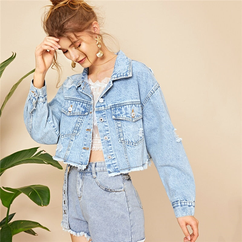 Blue Ripped Frayed Edge Flakes Crop Denim Jeans Jacket Women Spring Autumn Single Breasted Casual Outwear Coat Jackets