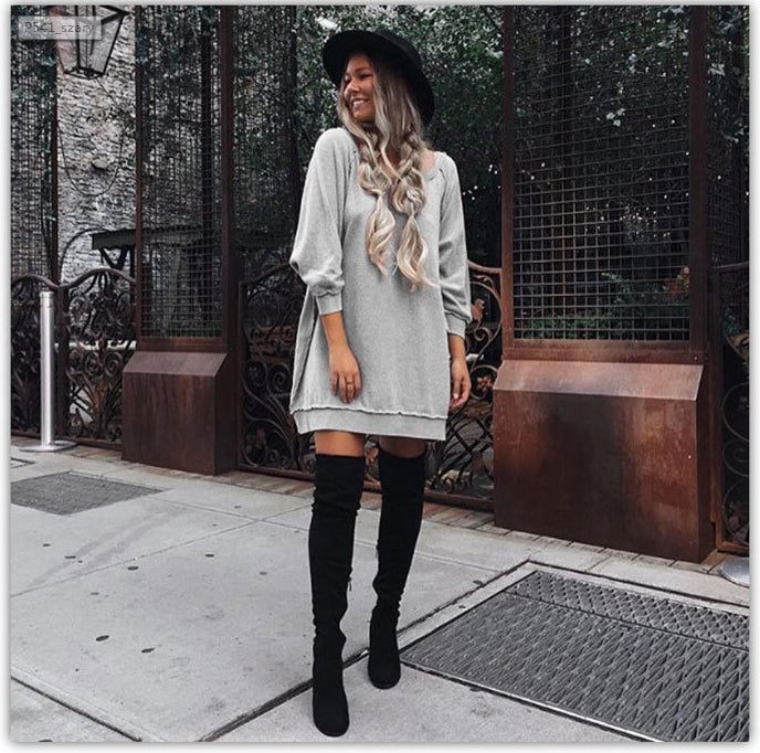 Fashion Loose Style Pure Color Long Sleeve Short Dress