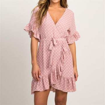 Summer Dress Boho Style Beach Dress Fashion Short Sleeve V-Neck Polka Dot A-Line Party Dress Sundress