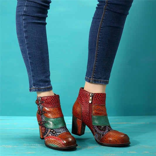 Leather Retro Print Block Heels Ankle Boots