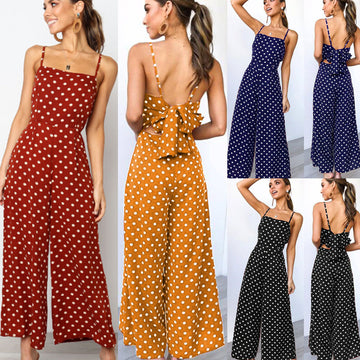 Wide Leg Polka Dotted Backless Jumpsuits