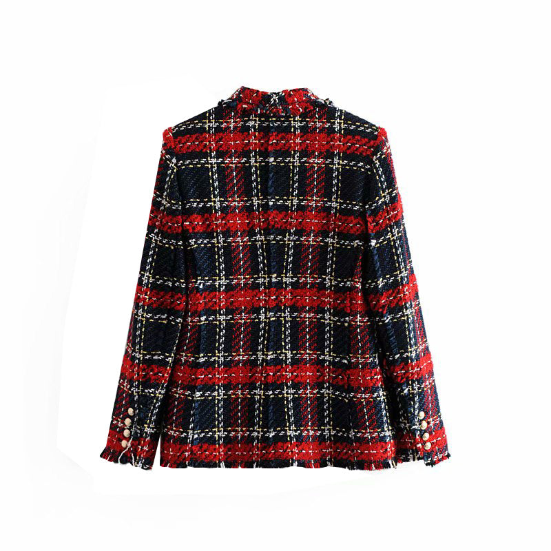 Vintage Double Breasted Blazers Coat Women Fashion Pockets Plaid Ladies Outerwear