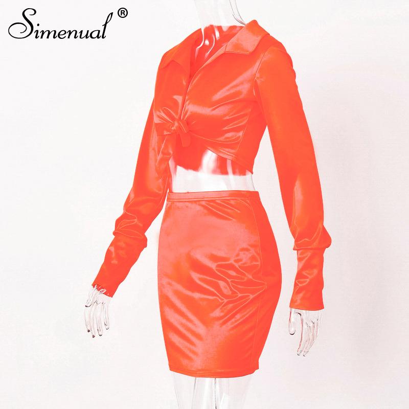 Sexy Fashion Satin Matching Sets Women V Neck Party Hot Silk 6 Piece Outfits Long Sleeve Bandage Crop Top And Skirt Set