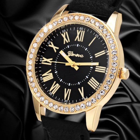 Fashion Women Analog Synthetic Leather Watchband Rhinestone Decoration Quartz Casual Watch Wristwatch - May Your Fashion - 1