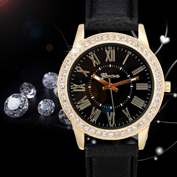 Fashion Women Analog Synthetic Leather Watchband Rhinestone Decoration Quartz Casual Watch Wristwatch - May Your Fashion - 2